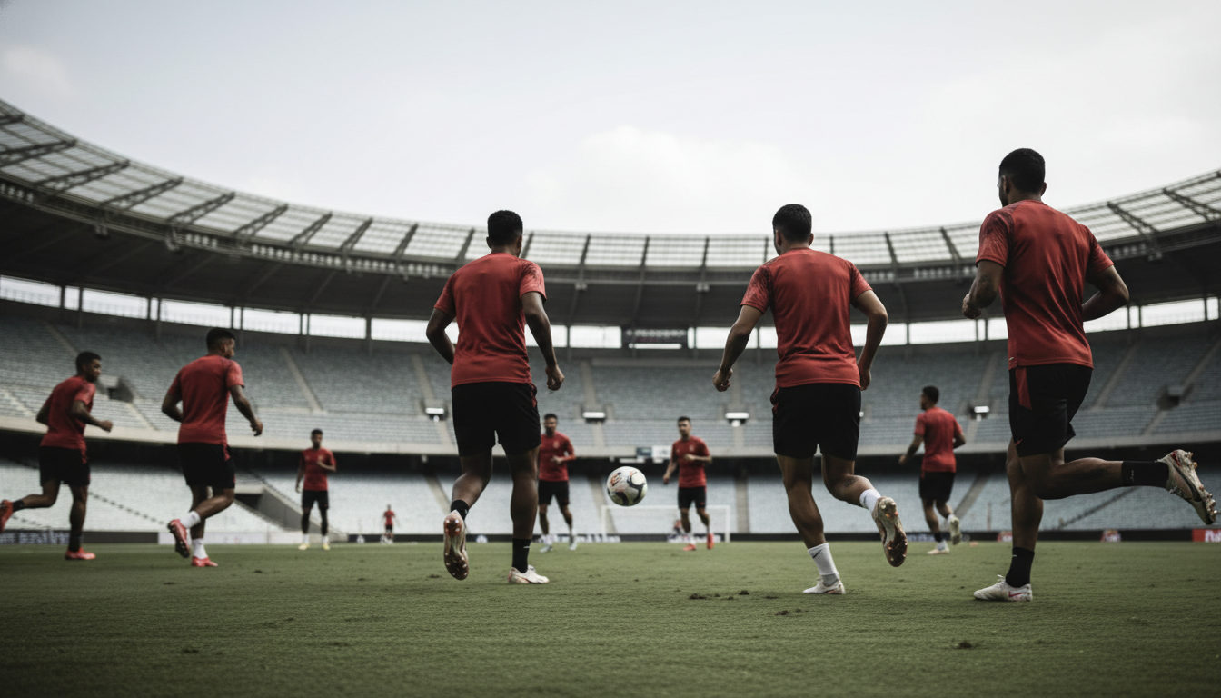 Jugadores de la Vinotinto en una sesión de entrenamiento, con el balón en juego y un césped verde vibrante.