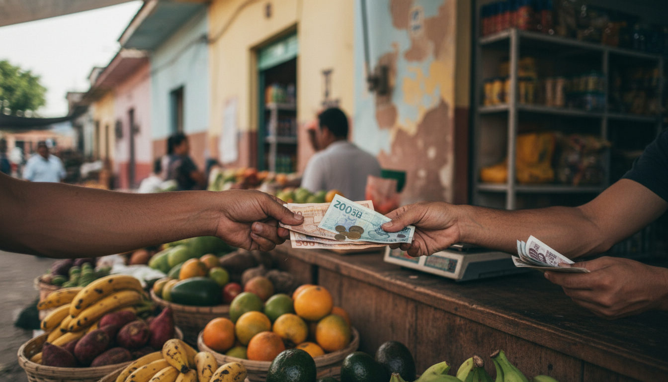 Manos pagando billetes en un puesto de mercado de productos frescos, reflejando el poder de compra afectado por la inflación y la volatilidad económica.